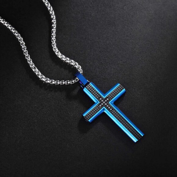 Men's Two-Tone Black & Blue Stainless Steel Carbon Fiber Cross Necklace - Picture 3 of 6